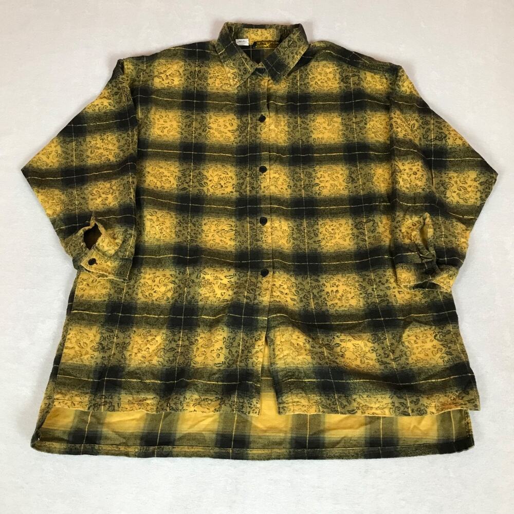 Sergio Valente Yellow Plaid Floral Fade Flannel Button Up Shirt Large